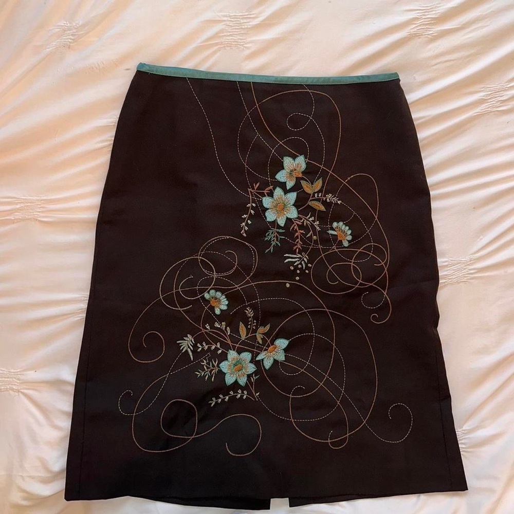 Ann Taylor Loft vintage 2000s floral embroidered brown and blue midi skirt